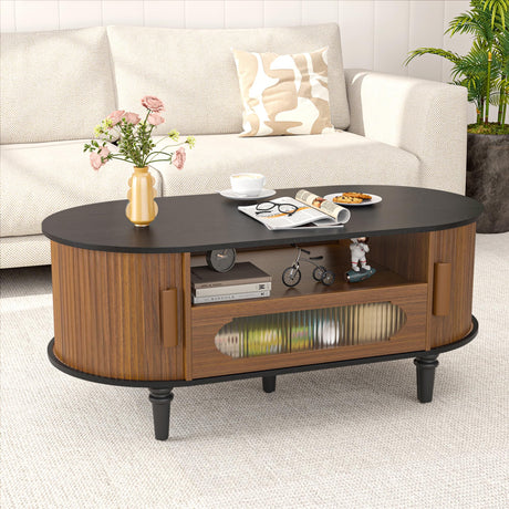 Fluted Round Coffee Table with Storage, Modern Oval Coffee Table with Drawer, Sliding Door, Low Small Center Tables for Living Room, Wooden Boho, Mid Century, Unique, Black and Walnut Jluomei