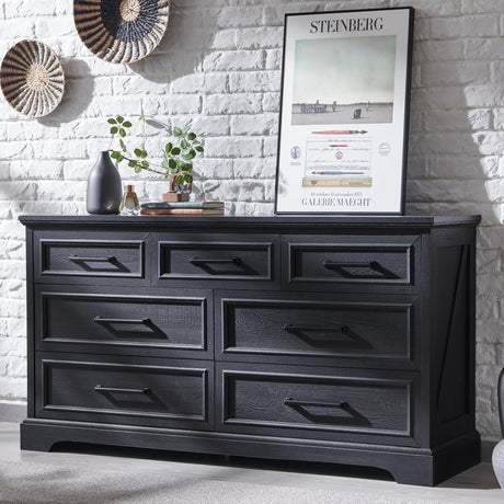 ACCOHOHO 7 Drawer Dresser, 52" Farmhouse Chest of Drawers for Bedroom, Wide Dresser TV Stand with Large Metal Handle, Modern Wood Drawer Organizer for Living Room, Hallway, Closet - Black ACCOHOHO