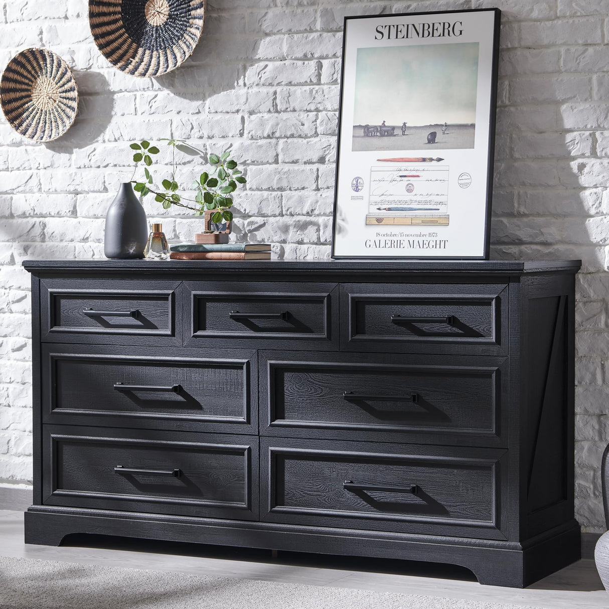 ACCOHOHO 7 Drawer Dresser, Farmhouse Chest of Drawers for Bedroom, 52" Wide Kids Dresser TV Stand with Large Metal Handles, Wood Drawer Organizer for Living Room, Hallway - Black ACCOHOHO