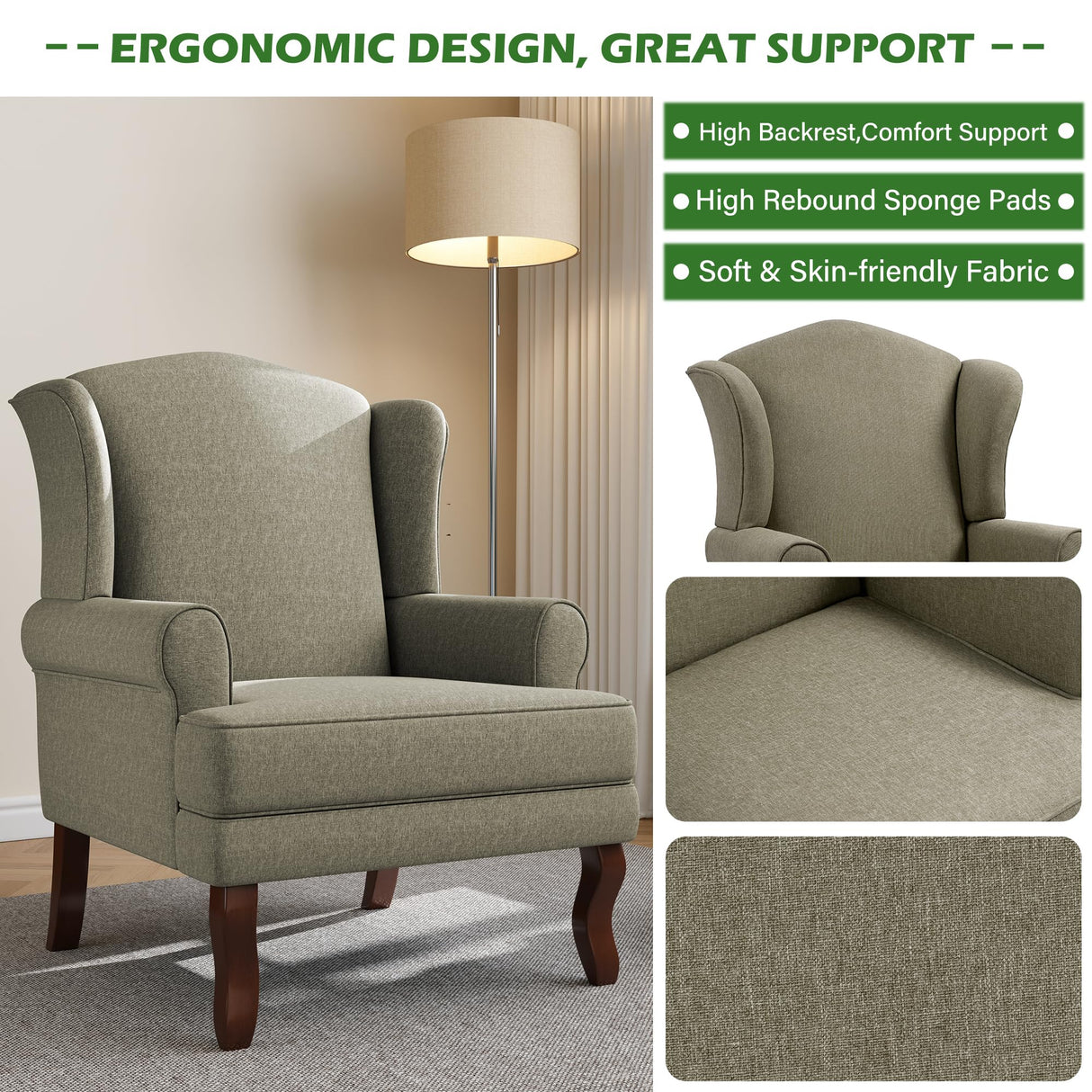 UIXE High Back Accent Chair for Living Room, Comfy Upholstered Arm Chair in Fabric with Retro Solid Wood Legs, Traditional Armchair Single Sofa Reading Seat - Light Camel UIXE