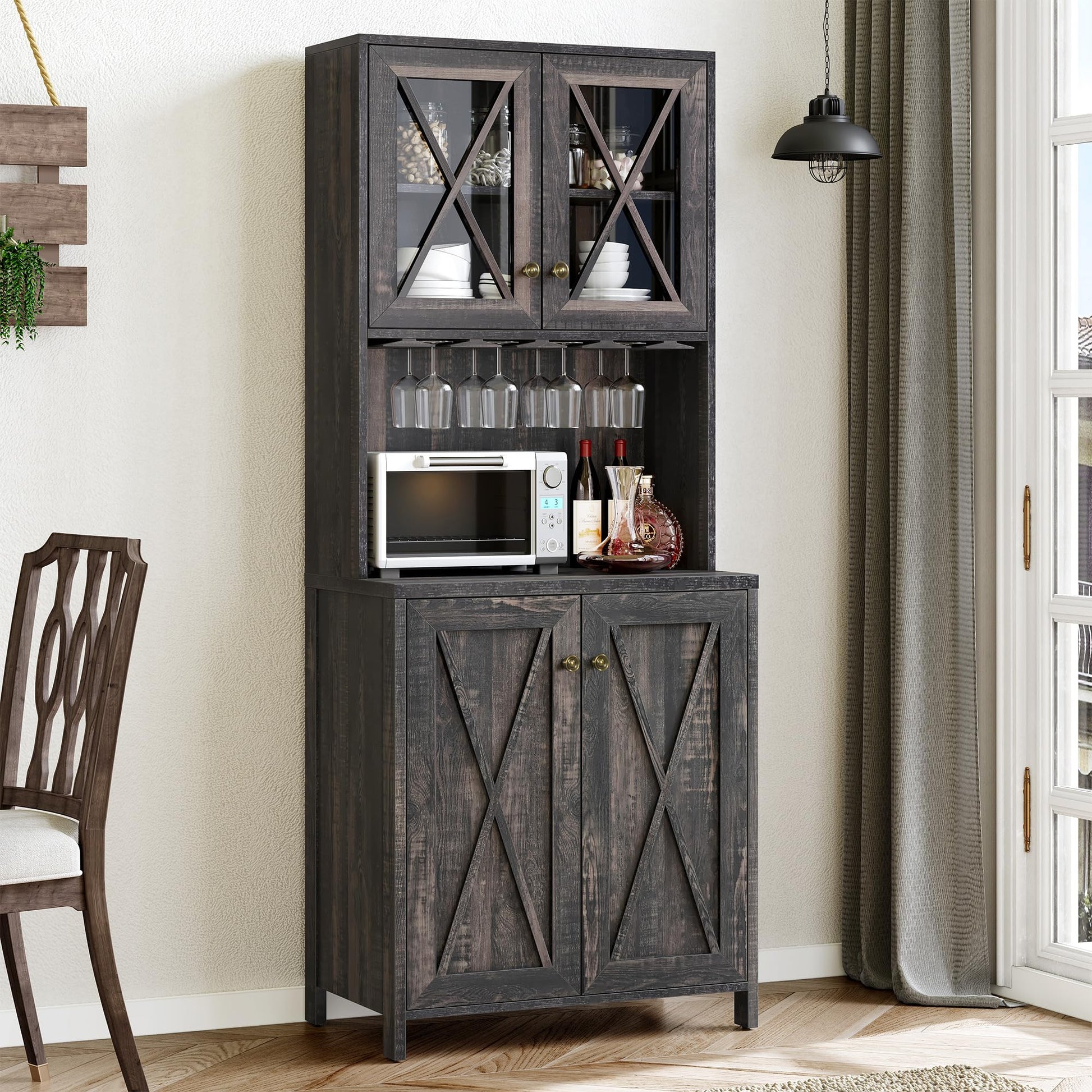 YITAHOME Farmhouse Bar Cabinet for Liquor and Glasses, 67'' Tall Freestanding Kitchen Cabinet with Wine Rack ＆ Glass Cabinet Doors, Open Storage Shelves for Dining Room, Hallway, Dark Rustic  - WoodArtSupply