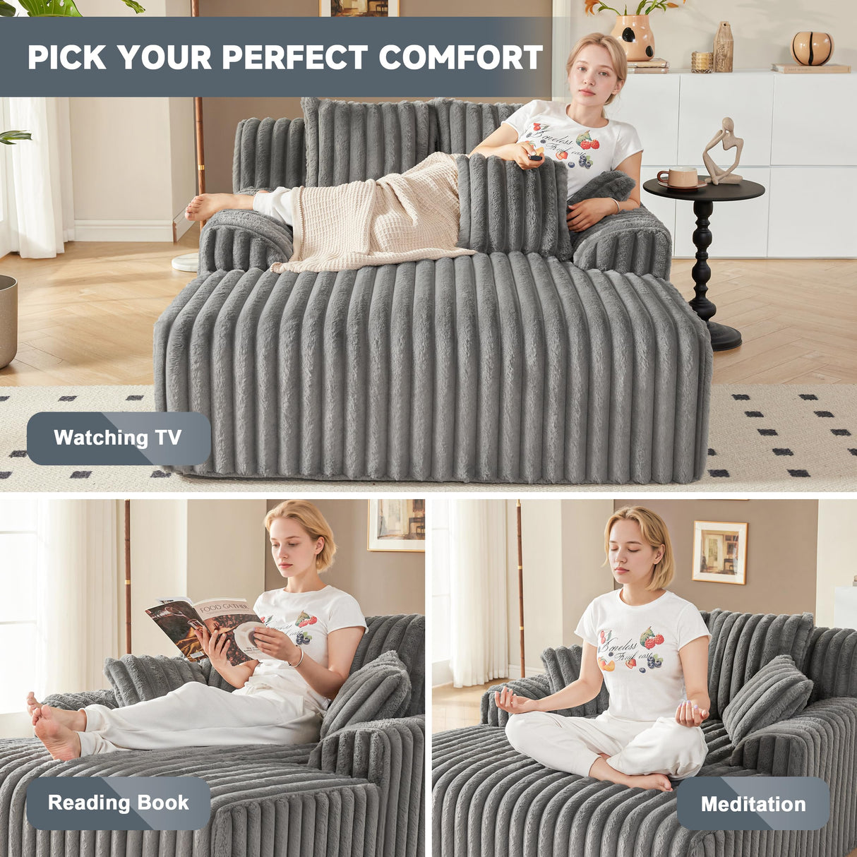 Mangodan 53.5”W Oversized Chaise Lounge Chair Indoor, Boneless Couch with 4 Pillows, Cozy Reading Chairs with Wide Arms, No Assembly Corduroy Boneless Chair, Memory Foam Couch for Living Room, Gray Mangodan