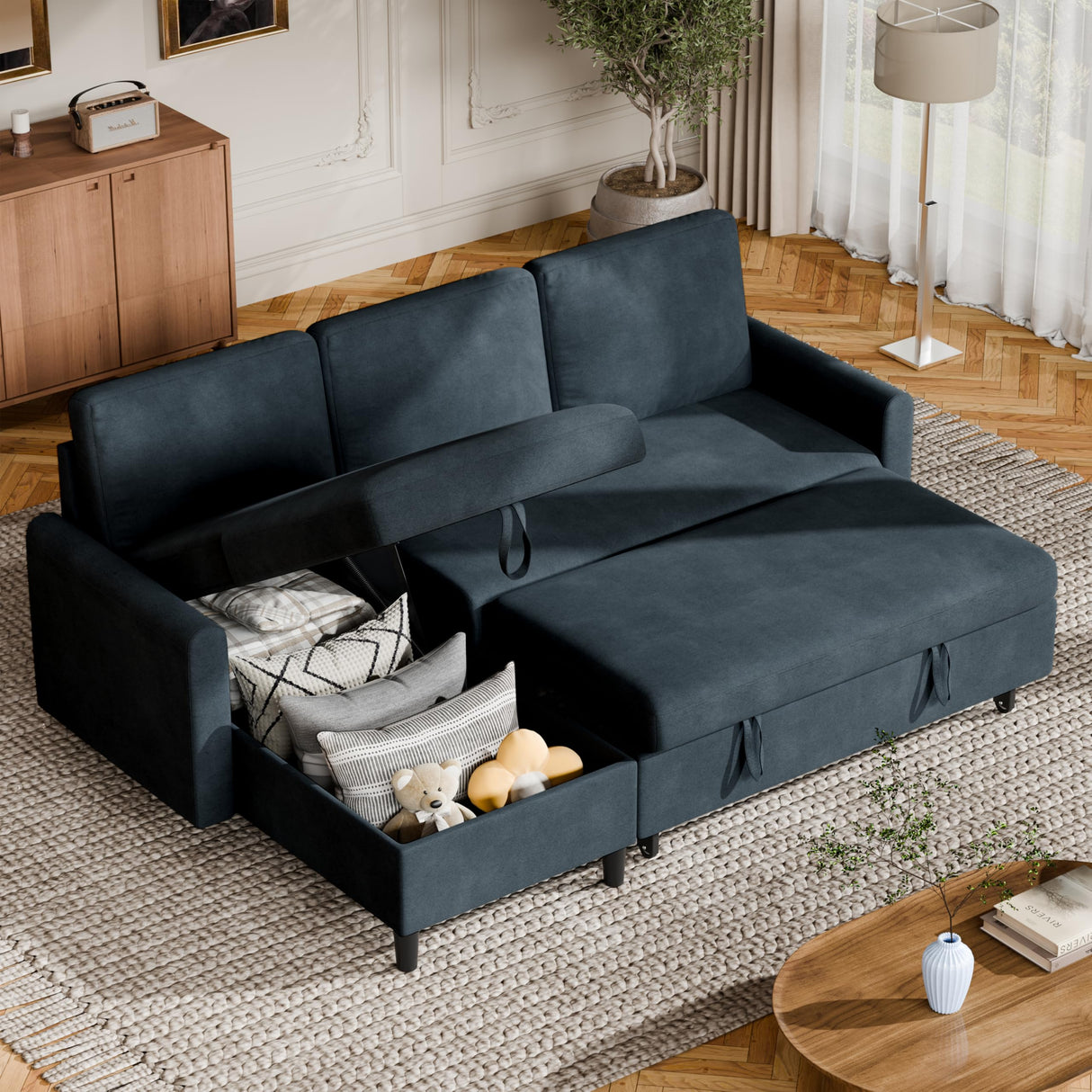 Shintenchi Sofa Couch, Pullout Sofa Bed,2 in 1 Pull Out Couch Bed with Storage Chaise for Living Room,Sleeper Sofa Couches Linen Sectional Sofa Shintenchi