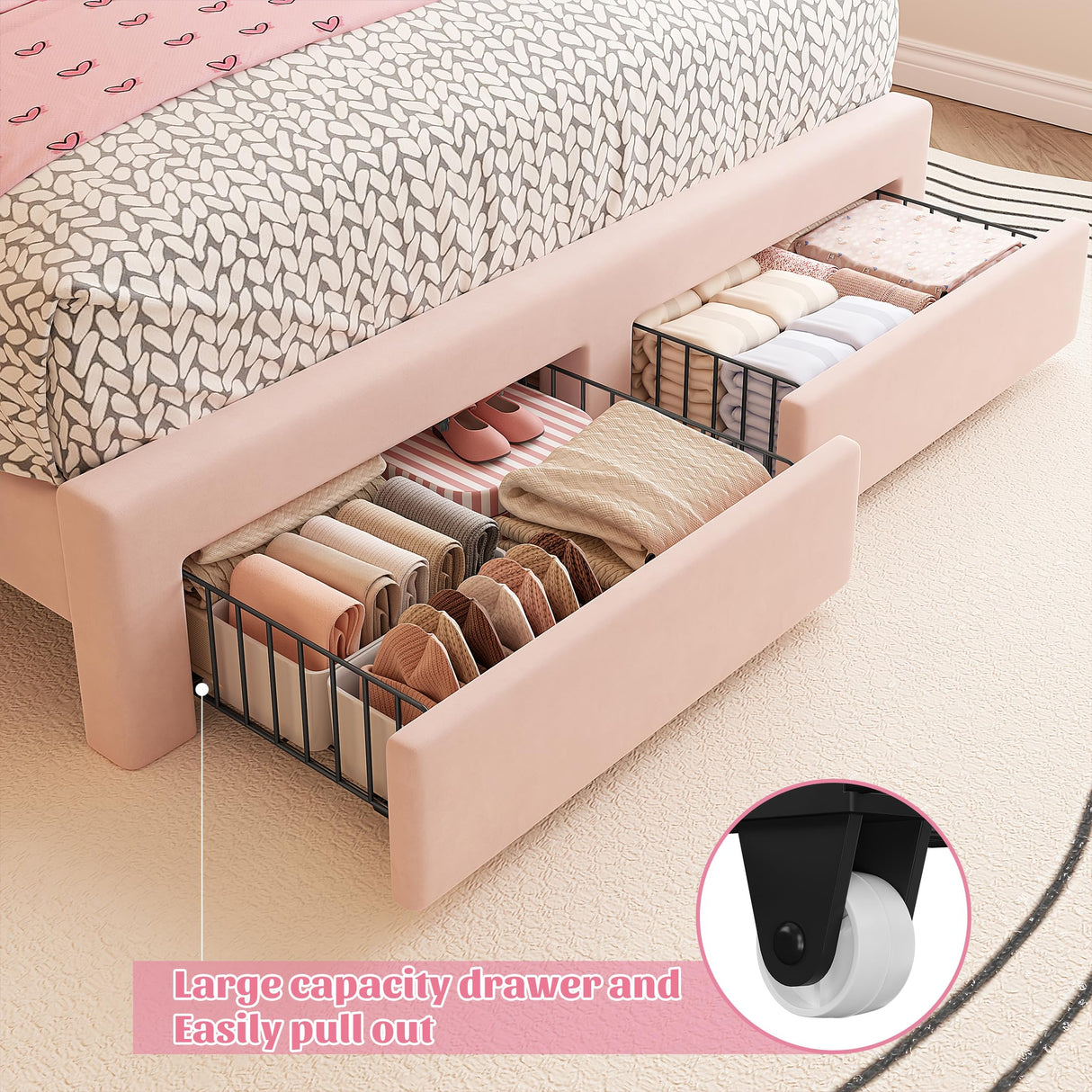 EnHomee Queen LED Bed Frame with 2 Storage Drawers,Upholstered Bed Frame Queen Size with Adjustable Cloud Headboard, Solid Wooden Slats, No Box Spring Required, Easy Assembly, Pink EnHomee