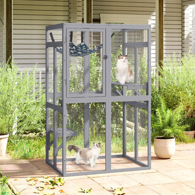 Catio Outdoor Cat Enclosure, Wooden Catio with Window Access for Patio, Indooe Kitty House (Grey)