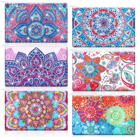 Sweetude 6 Pcs Mandala DIY Diamond Painting Purses Toiletry 5D DIY Makeup Bags Handmade Rhinestone Design Diamond Painting Cosmetic Bags Bulk with Zipper for Women Christmas Gift Sweetude