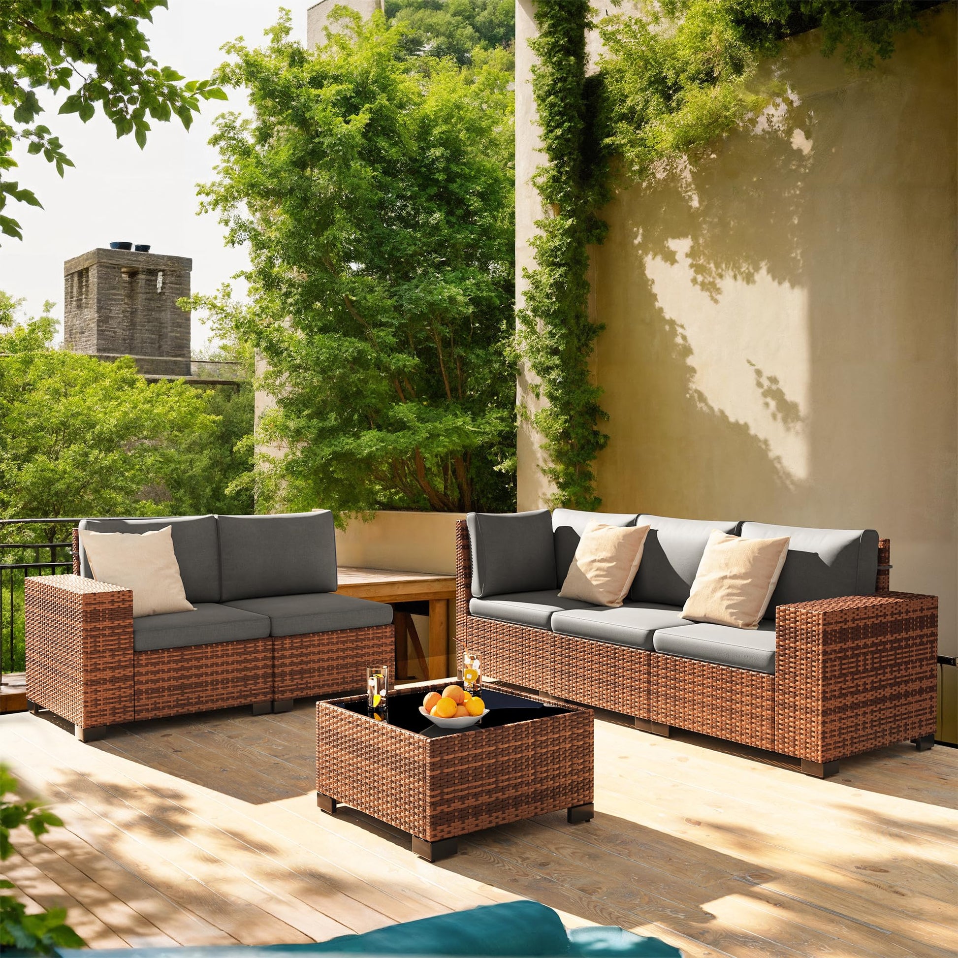 Amopatio Outdoor Sectional Furniture Set 6-Piece Brown Rattan Wicker Conversation Sofa Set with Glass Top Table and Waterproof Covers,Grey Cushions - WoodArtSupply