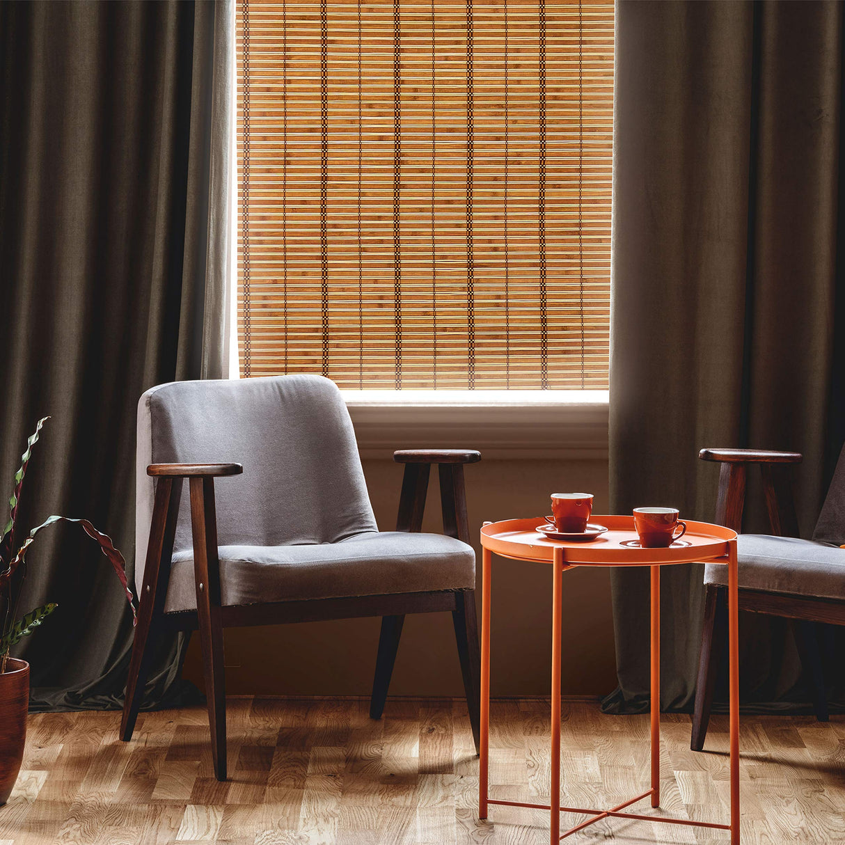 Red Lantern Burnt Bamboo Cordless Window Shade - Two-tone Honey, 36" Wide Red Lantern