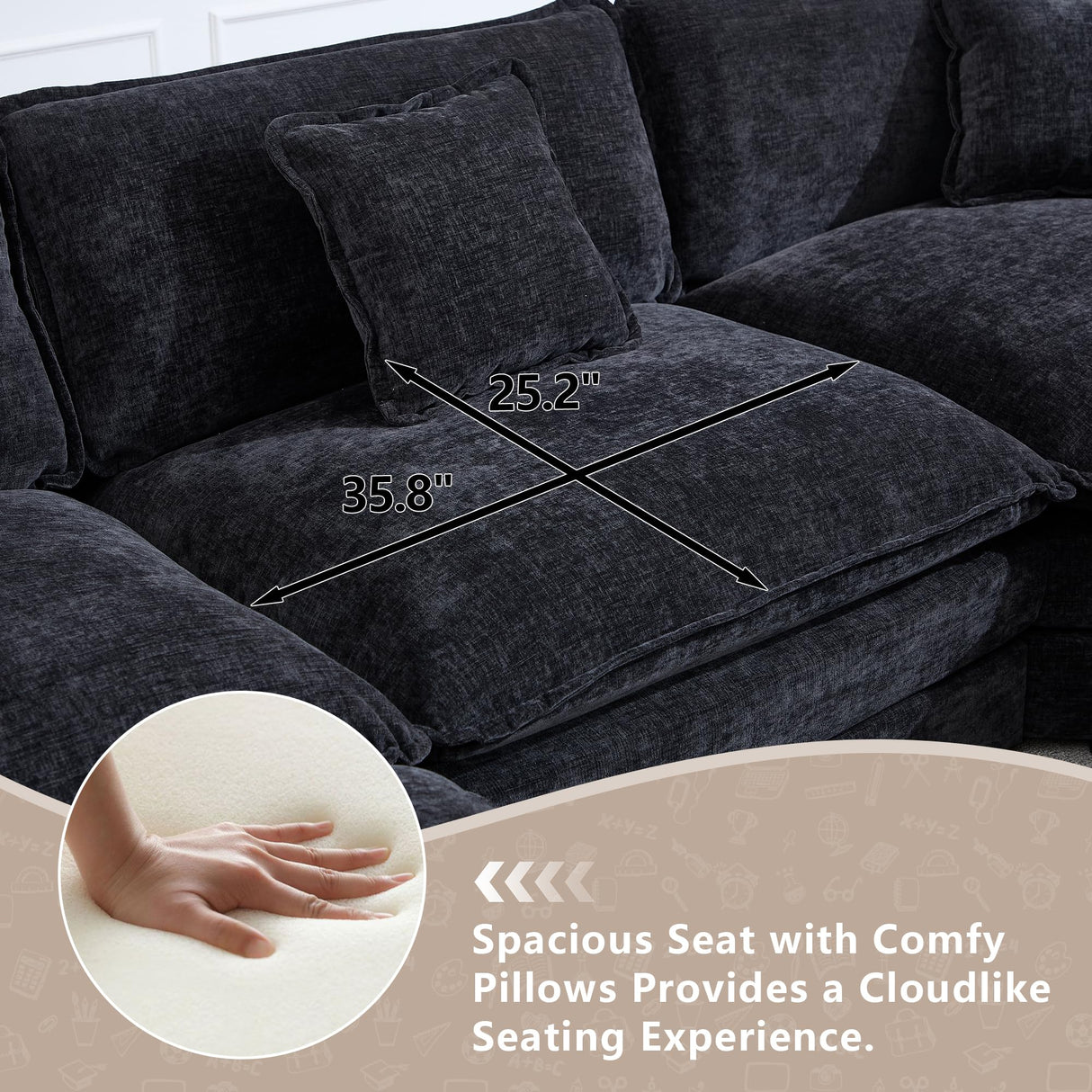 Tmsan 113.4" Deep Seat Sectional Cloud Sofa with 2 Ottomans, Oversized U Shaped Modular Couch, Large 7 Seater Corner Couches for Living Room, Black Chenille Tmsan