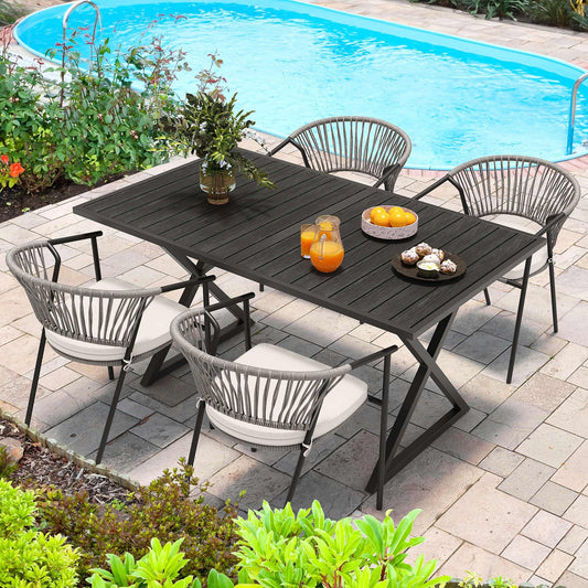 YITAHOME 5 Piece Patio Dining Set, Stackable Chairs with Comfortable Cushions, 59" Rectangle Tables with Metal Frame and Faux Wood Tabletop for Patio Balcony Porch Poolside Lawn Garden, Black - WoodArtSupply