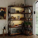 5 Tier Bookshelves with LED Plant Grow Lights, Convertible Corner Bookshelf with Baffles, 70" Tall Industrial Bookcase, Display Shelf, Wood Shelves with Metal Frame for Living Room Bedroom Home Office CHIESMA