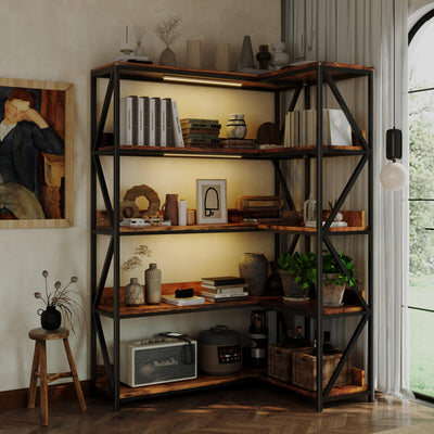 5 Tier Bookshelves with LED Plant Grow Lights, Convertible Corner Bookshelf with Baffles, 70" Tall Industrial Bookcase, Display Shelf, Wood Shelves with Metal Frame for Living Room Bedroom Home Office