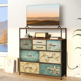 Tohomeor TV Stand with Power Oulet Dresser with Charging Station & LED Light Dresser with 8 Fabric Drawers for Living Room Storage Chest of Drawers Retro Dresser with Open Shelf Wooden Top Tohomeor