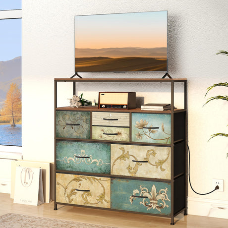 Tohomeor TV Stand with Power Oulet Dresser with Charging Station & LED Light Dresser with 8 Fabric Drawers for Living Room Storage Chest of Drawers Retro Dresser with Open Shelf Wooden Top Tohomeor