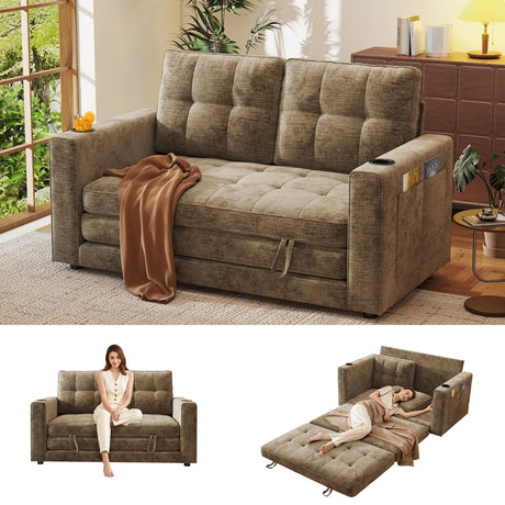 55" Convertible Folding Sofa Bed, Pull Out Couch Love Seat Sleeper Bed, Small Fold Out Loveseat Sleeper with Cup Holder and Pillow for Small Space, Bedroom Lounge, Dorm, Living Room(Brown Chenille) Urhanherry