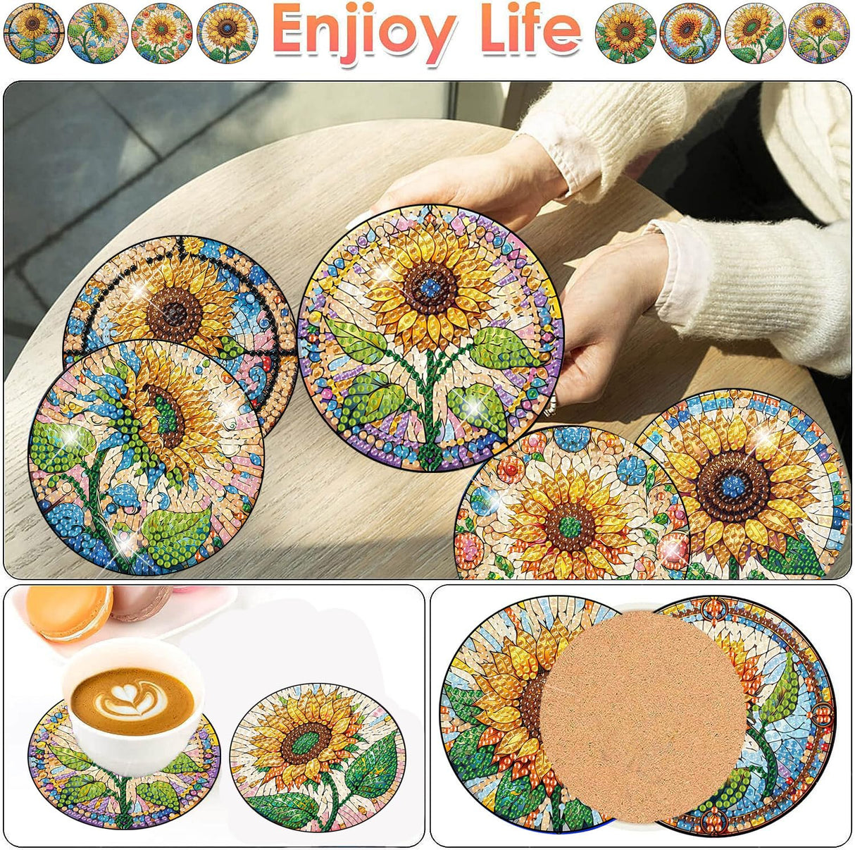 ijbnhd 8 PCS Sunflower Diamond Painting Coasters Sunflower Diamond Art Coasters with Holder DIY for Adults, 5D Diamond Crafts Supplies (Cork Wooden Pad) ijbnhd