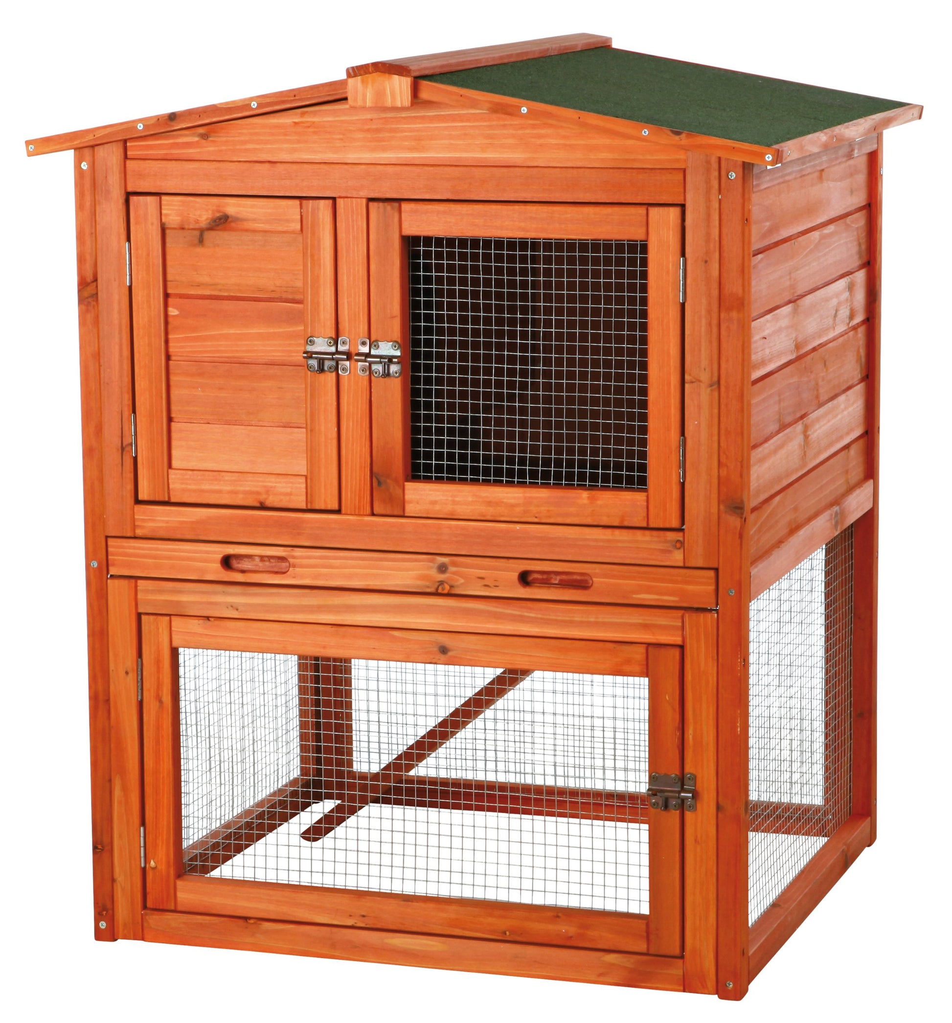 TRIXIE Natura Single Rabbit Hutch with Run, 2-Story with Ramp, Pull-Out Tray, Hinged Peaked Roof, for Rabbits or Guinea Pigs Small - WoodArtSupply