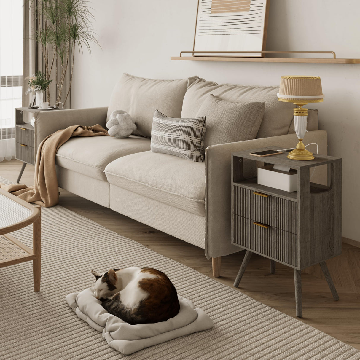 JOONEE Nightstand with Charging Station and LED Lights,Modern Bedside Table with 2 Storage Drawer and Open Wood Shelf, for Bedroom and Small Spaces,Night Stand with Solid Wood Legs,GreyOak JOONEE