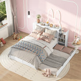 Queen Size Storage Bed with Trundle, Wood Platform Bed Frame with Storage Shelves Headboard and Twin Size Trundle Bed, Wooden Queen Beds for Kids Boys Girls Teens, White Bellemave