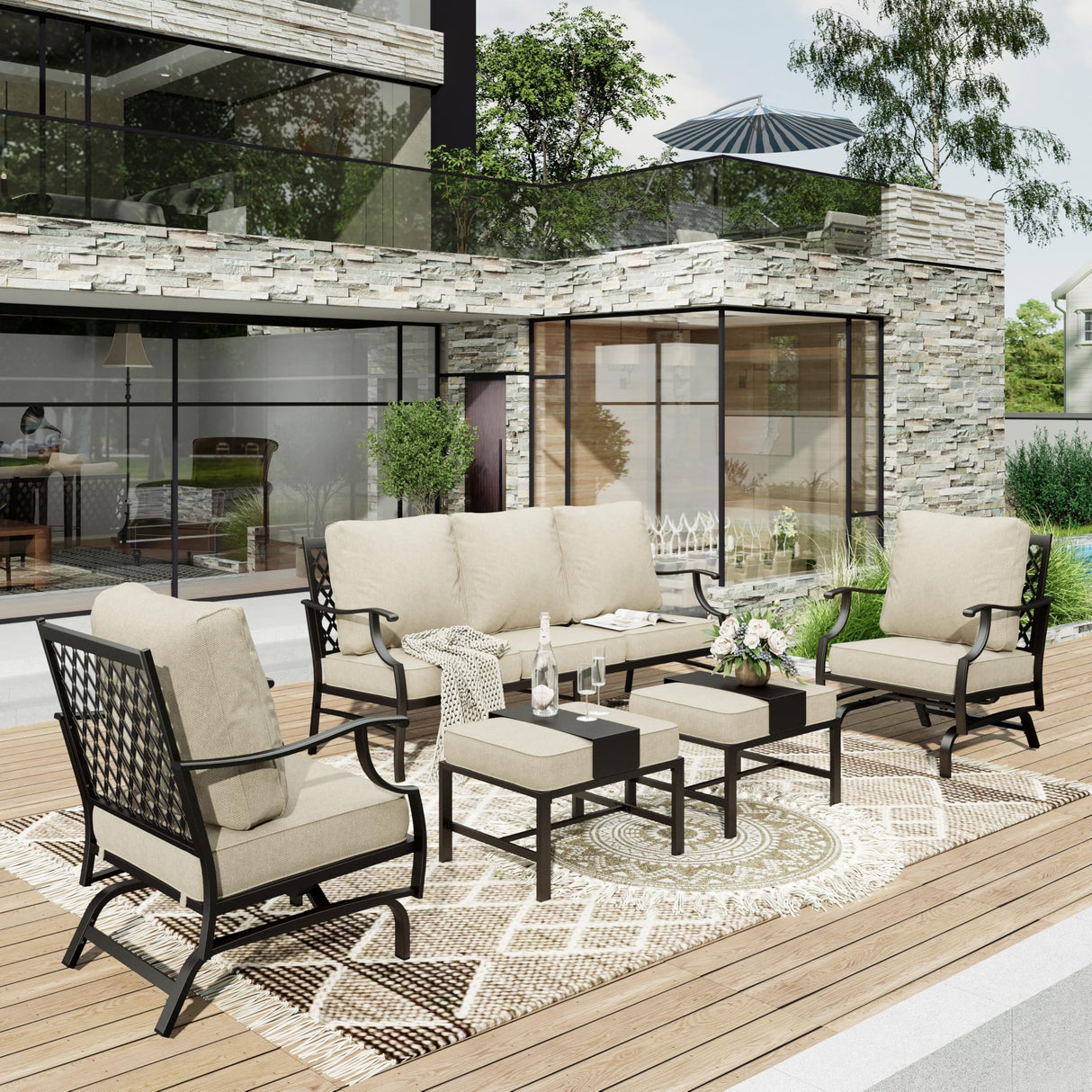 HERA'S HOUSE 5 Pieces Patio Furniture Set, 2 x Cushioned Rocking Chair, 2 x Ottoman, 1 x 3-Seat Sofa, All Cushioned 7 Seats Outdoor Conversation Set for Lawn Garden Backyard HERA'S HOUSE
