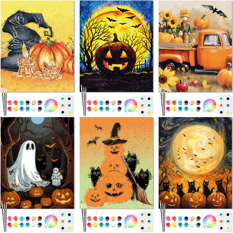 Dinifee 6 Pack Pre Drawn Canvas for Painting Pre Printed Canvas Kit 8 x 10 Inch Stretched Cotton Paint and Sip Set for Adults Couple Party Date Night(Halloween) Dinifee