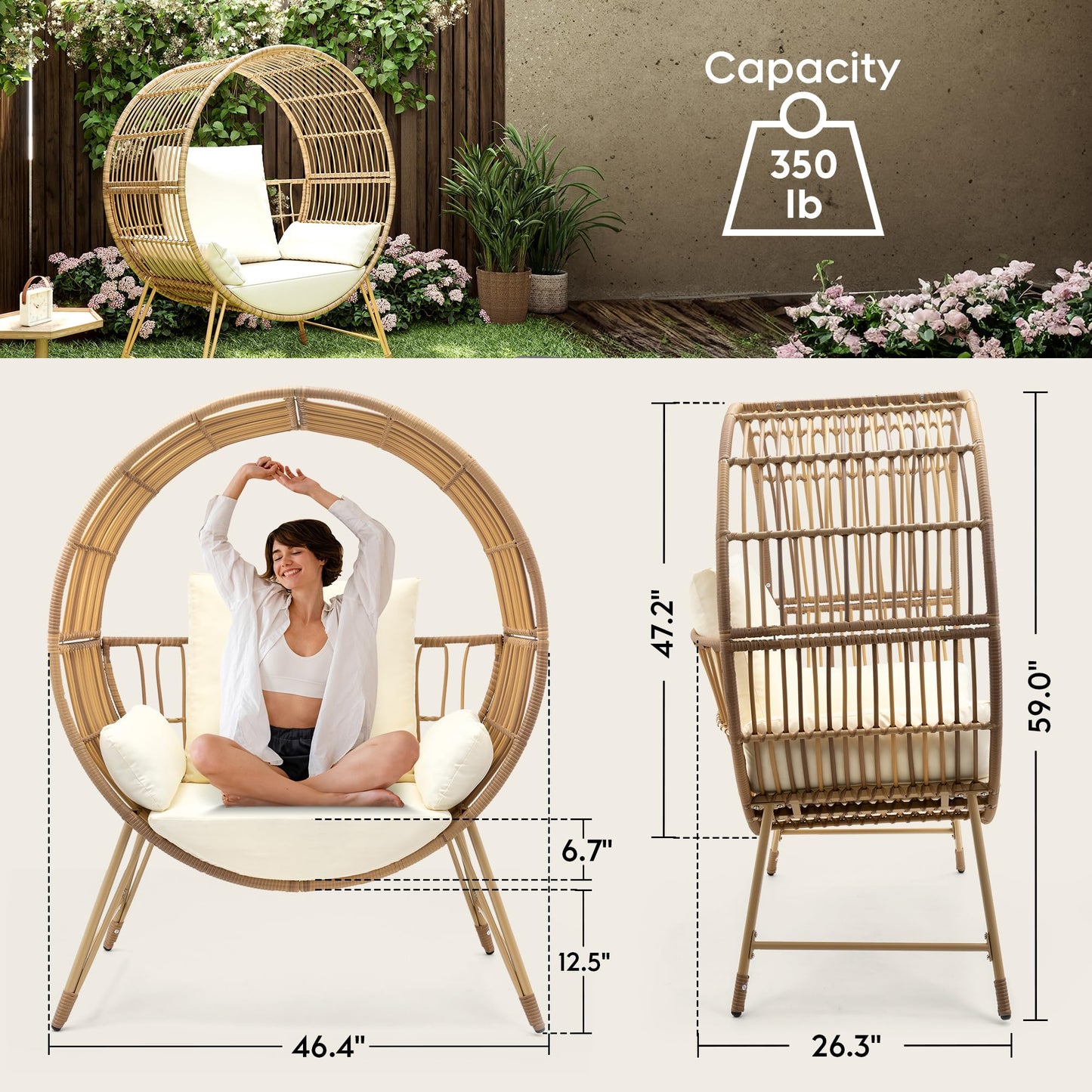 Brafab Outdoor Egg Chair, Oversized Wicker Patio Chairs with 6.69'' Cushions, 350LBS Capacity, Indoor Round Rattan Nest Chair with Stand, Easy Assembly Boho Chair for Living Room, Porch, Backyard