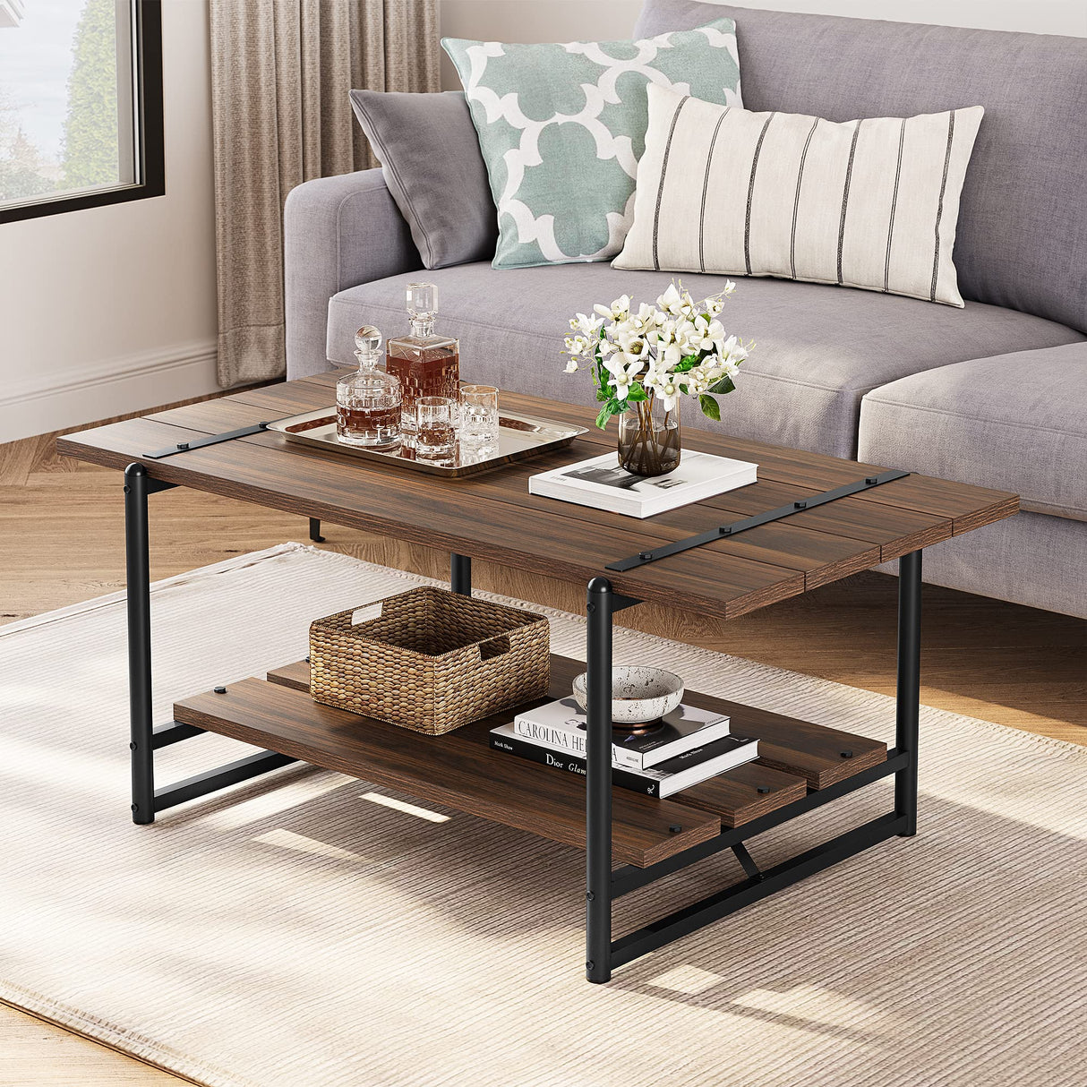 2-Tier Farmhouse 41'' Large Gray Wood Coffee Table with Storage Shelf -Modern Rustic Metal Rectangle Center Living Room Coffee Table Accent Furniture for Home Office,Easy Assembly(Walnut Brown) IDEALHOUSE