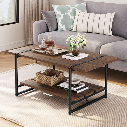 2-Tier Farmhouse 41'' Large Gray Wood Coffee Table with Storage Shelf -Modern Rustic Metal Rectangle Center Living Room Coffee Table Accent Furniture for Home Office,Easy Assembly(Walnut Brown)