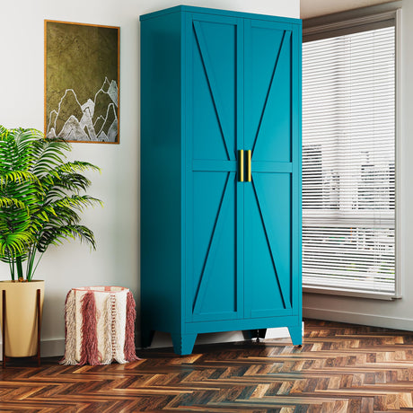 Boegica 71" Tall Metal Farmhouse Kitchen Pantry,Barn Doors Pantry Cabinet with Adjustable Shelves,Farmhouse Storage Cabinet,Modern Cupboard for Kitchen,Dining Room,Living Room,Bathroom,Blue Boegica