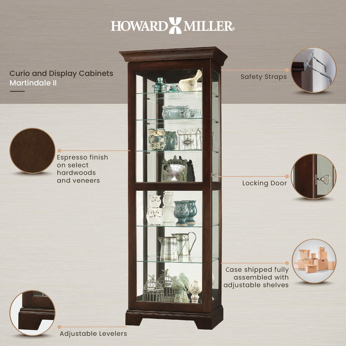 Howard Miller Martindale II Curio Cabinet II - Locking Slide Door, Metal Shelf Clips with Illuminated Espresso Finish Cabinets for Collectibles, Trophies, Home Decor, Living Room Or Dining Area Howard Miller