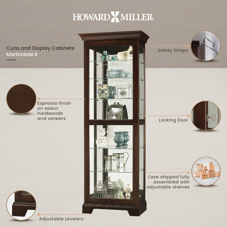 Howard Miller Martindale II Curio Cabinet II - Locking Slide Door, Metal Shelf Clips with Illuminated Espresso Finish Cabinets for Collectibles, Trophies, Home Decor, Living Room Or Dining Area Howard Miller