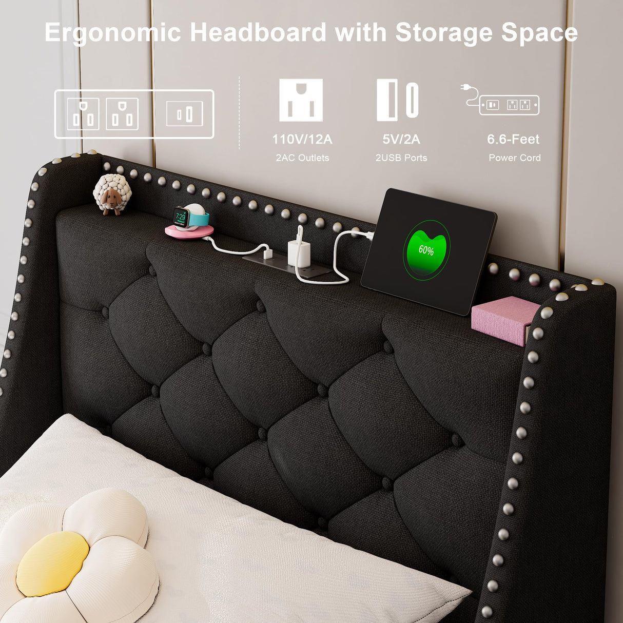 Feonase Twin Bed Frame with Luxury Wingback Upholstered Button Tufted Storage Headboard, Twin Platform Bed with Charging Station, Sturdy Wooden Slats Support, Noise-Free, Easy Assembly, Black Feonase