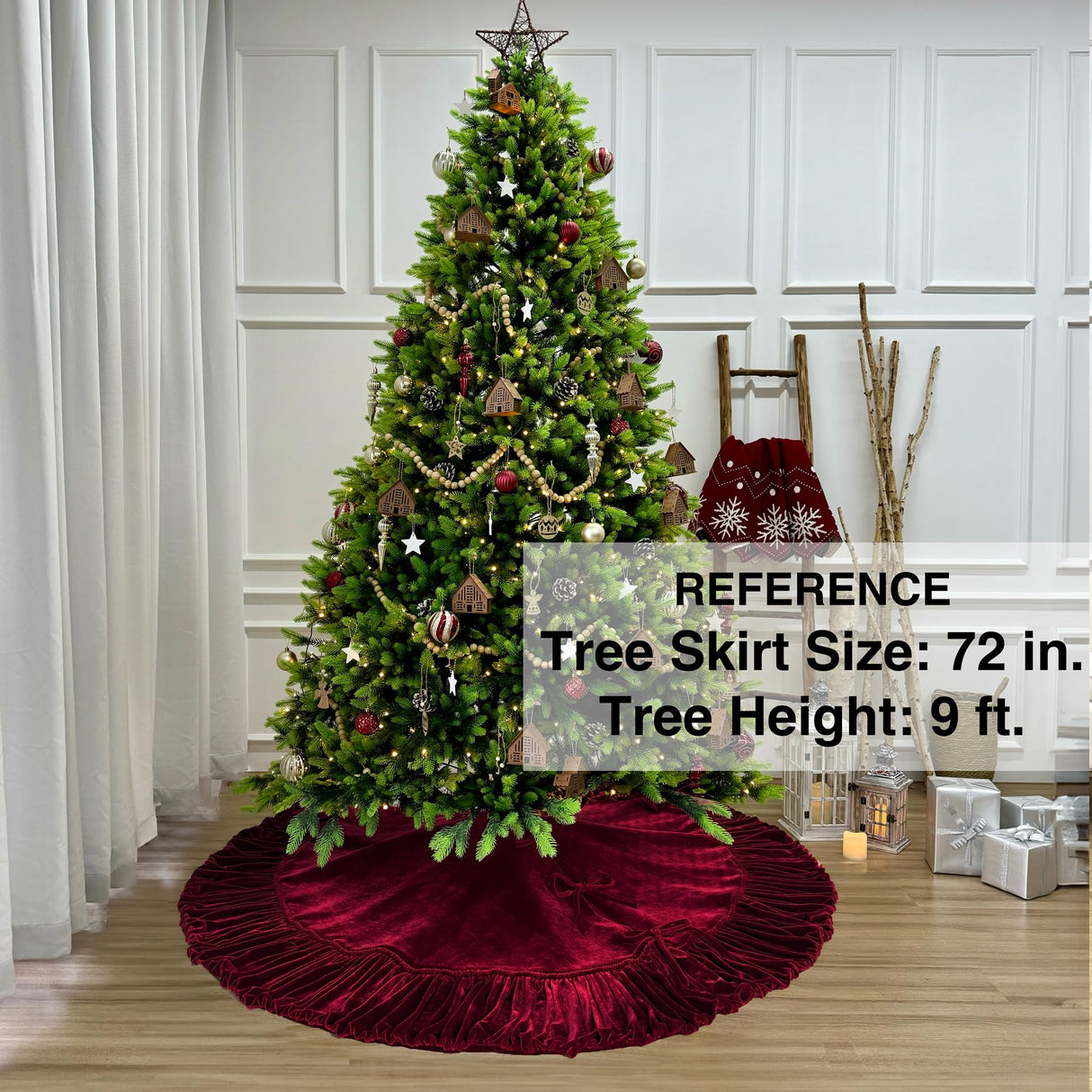 72-Inch Ruffled Velvet Christmas Tree Skirt, Thick Foam-Lined Heavy Duty Fabric with Plush Lace Ties, Wine Red Starry Dynamo
