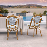 PURPLE LEAF Outdoor Dining Chair Set of 2 Patio French Aluminium Frame in Bamboo Finish with Sky Blue & White Woven Rattan for Indoor Kitchen Deck Bistros Cafe Restaurant PURPLE LEAF