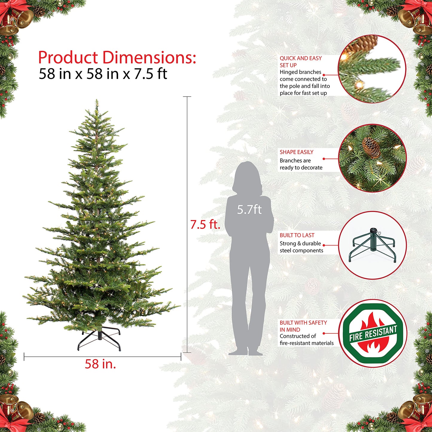 Puleo International 7.5 Foot Pre-Lit Aspen Fir Artificial Christmas Tree with 700 UL Listed Clear Lights Green