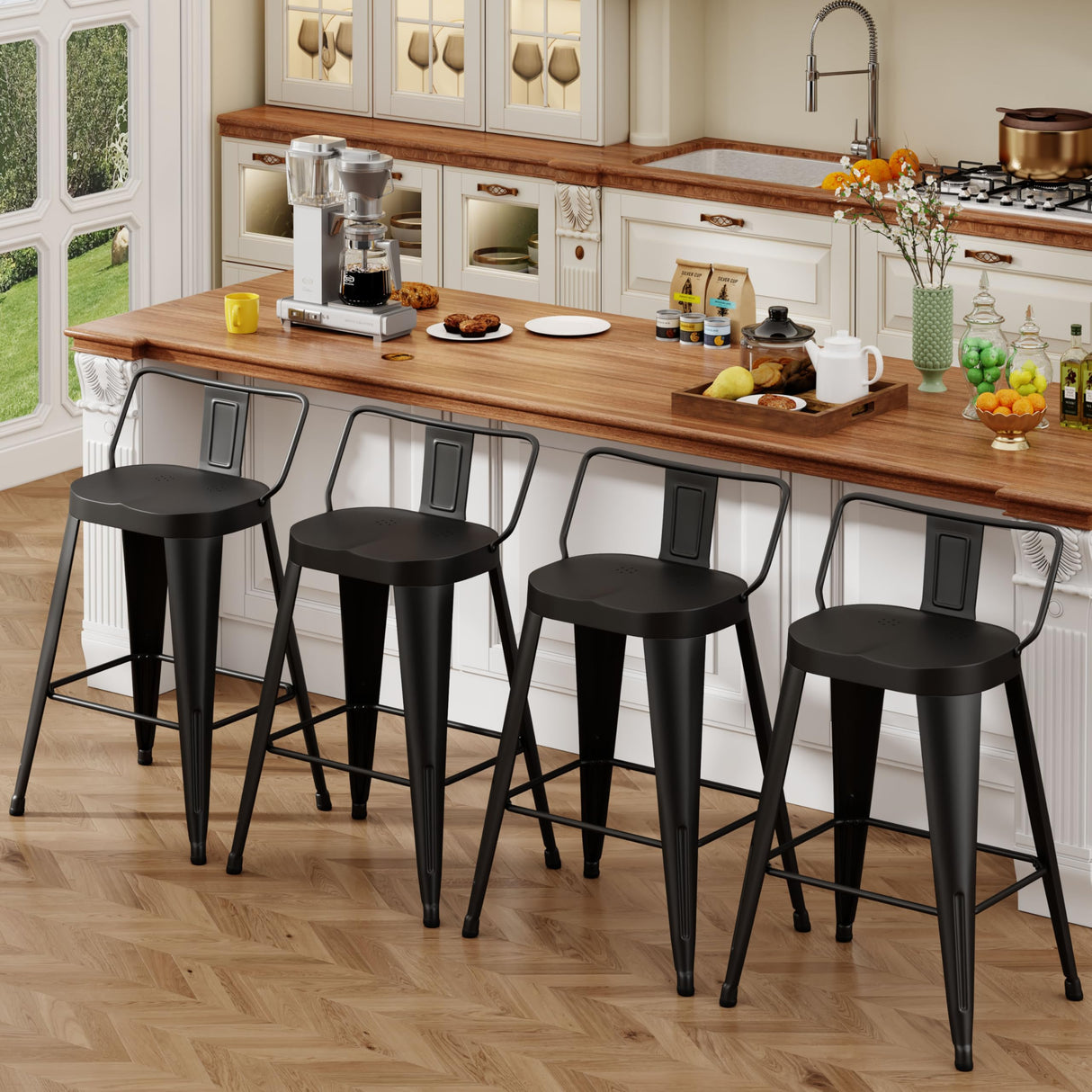 ALISH 24 Inch Bar Stools Set of 4, Industrial Metal Barstools Farmhouse Bar Chairs with Large Seat for Kitchen Island (24 Inch, Black) ALISH