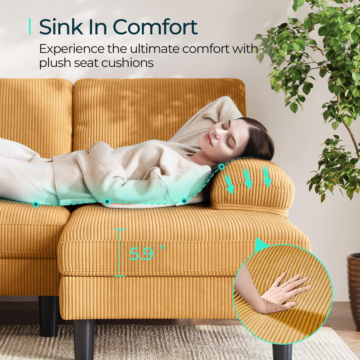 LINSY HOME Sectional Couch, 111'' W Corduroy U Shaped Sofa with Sleepable Armrests, 4 Seat Couch with Double Chaises, Deep Seat Sofa for Living Room, Yellow LINSY HOME