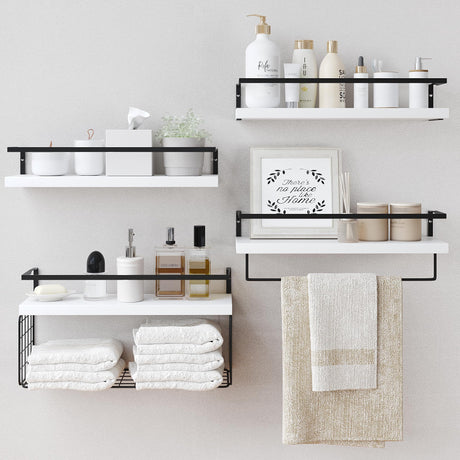 White Wood Floating Shelves Wall Mounted - 3+1 Tier Rustic Bathroom Wall Shelves Over Toilet with Wire Storage Basket and Towel Bar, set of 4 Farmhouse Floating Shelf for Bathroom, Kitchen, Bedroom. LUDORU