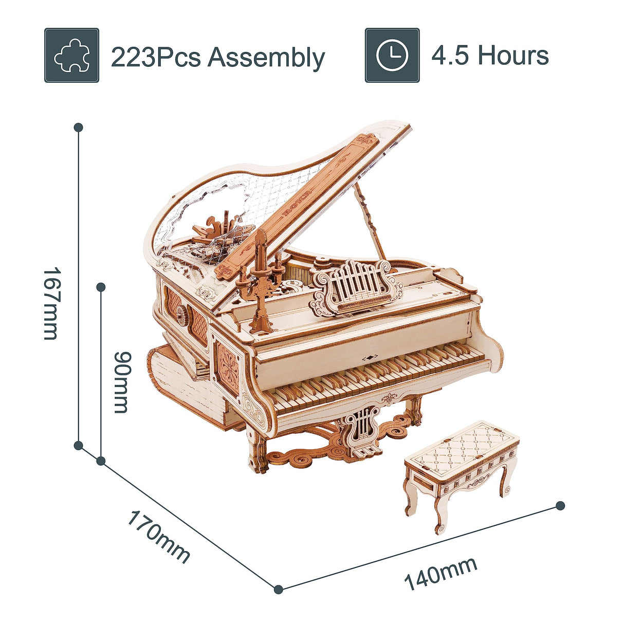 ROKR 3D Wooden Puzzles for Adults 223pcs Piano Model Kit 1:20 Scale Building Puzzles Wooden Music Box Unique Gift for Men Women Hobbies for Birthday Christmas ROKR