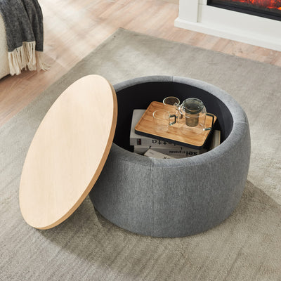 Kakotito Modern Round Storage Ottoman with Wooden Lid,Circle Handmade Coffee Table,End Table & Footstool for Living Room (Dark Gray)