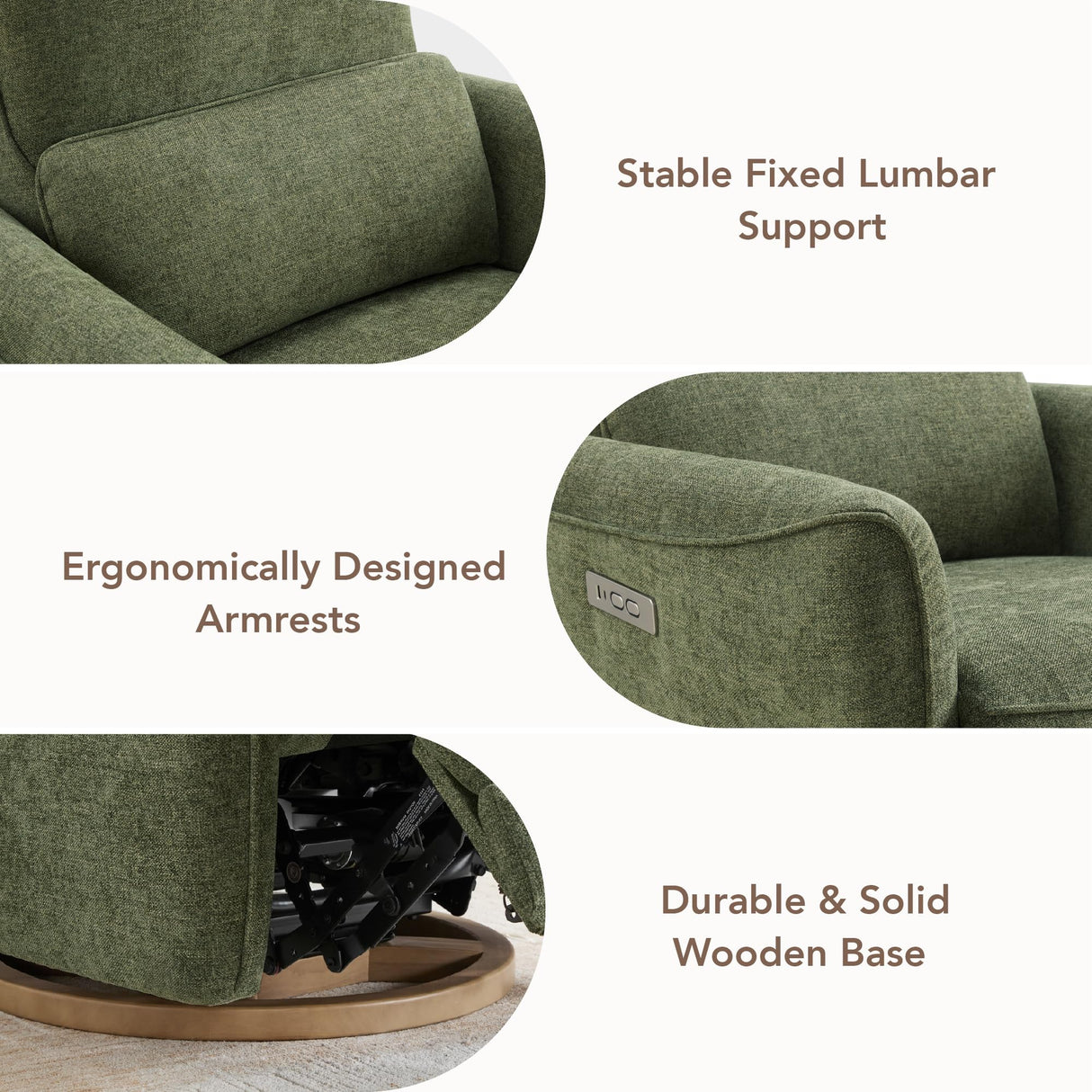 CHITA Power Nursery Rocking Chair, Swivel Glider Recliner Chair with Solid Wood Base, Bulit-in USB & Type-C Charging Ports for Living Room, FSC Certified, Moss Green CHITA