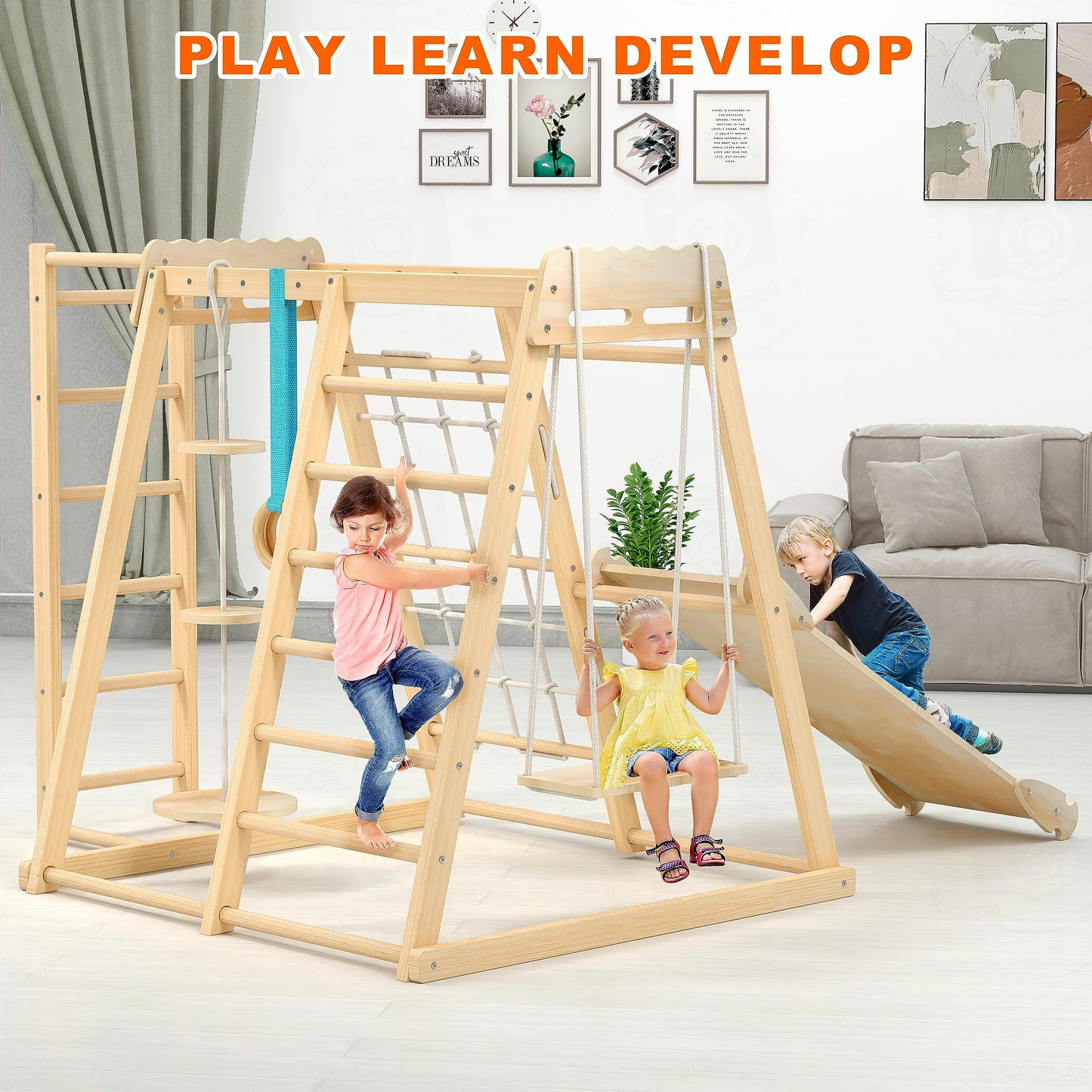 Jungle Gym, Toddler Climbing Toys, Indoor Playground Climbing Toys for Toddlers, Montessori Style Playground Sets for Backyards with Slide, Climbing Wall, Rope Wall Climber, Monkey Bars, Swing