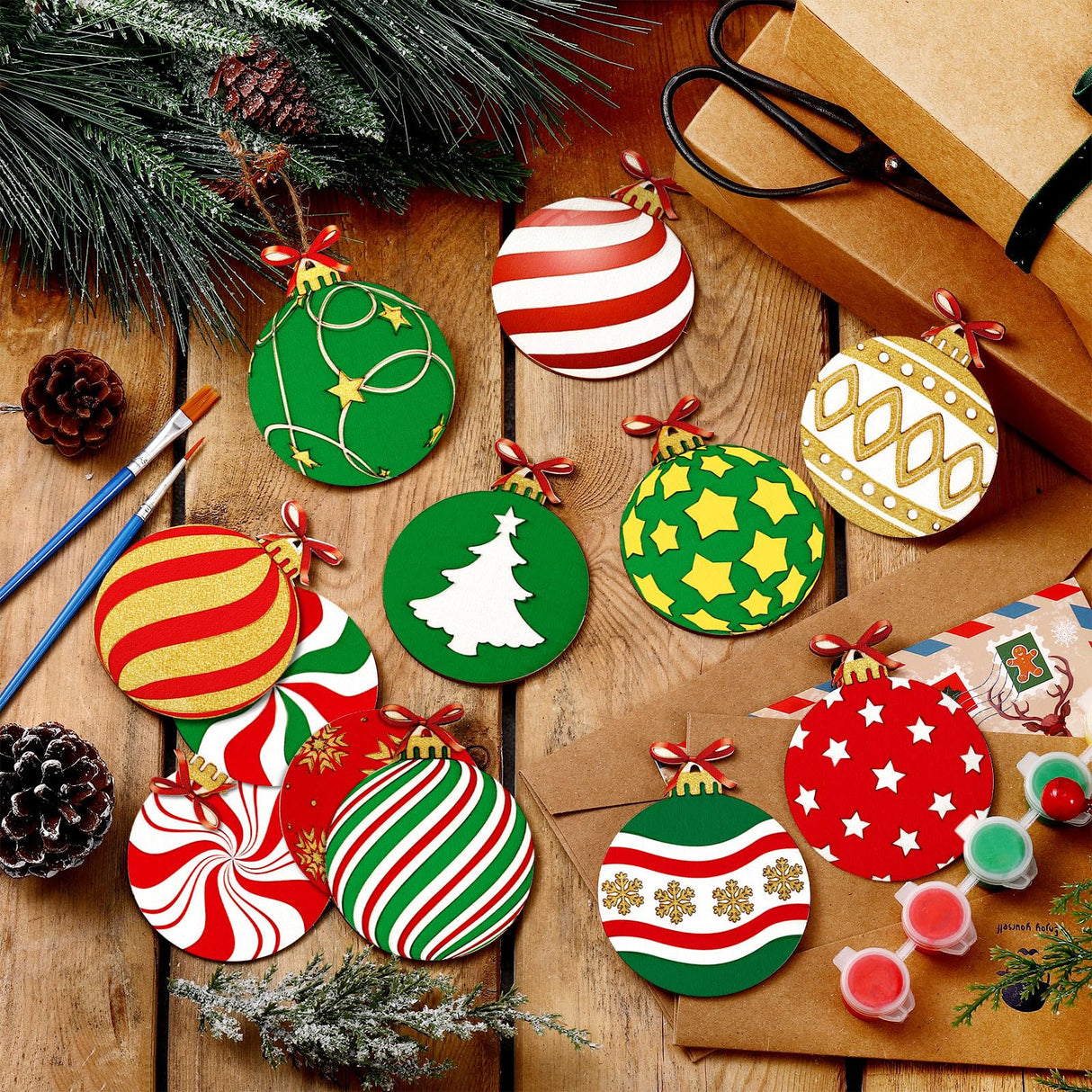 Cinnvoice 60 Pcs Wood Christmas Crafts for Adults DIY Paint Xmas Ornaments Blank Unfinished Wooden Cutouts Shapes Slices Hanging Embellishment for Christmas Tree Holiday Party Decor(Ball) Cinnvoice