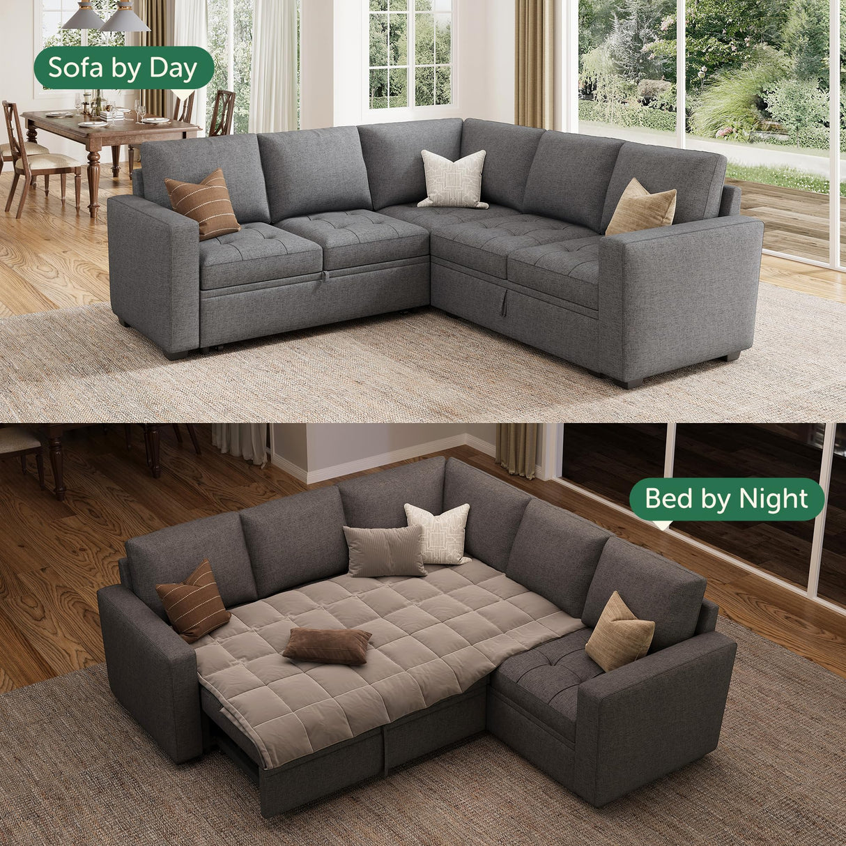 HONBAY Modular Sectional Sleeper Sofa with Pull Out Bed, Linen Convertible L Shaped Sectional Couch with Storage Seat, Sectional Couches for Living Room,Grey HONBAY