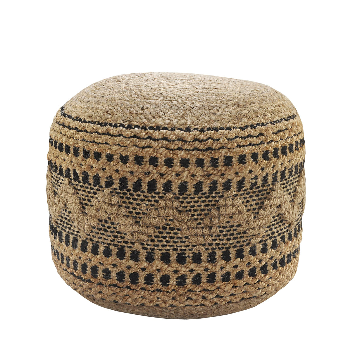 LR Home Tan/Black Round Ottoman Pouf for Home Decor | Striped Hand-Woven Jute Cotton Blend Round Pouf Ottoman Footrest for Bedroom & Living Room Decor | 18" X 18"W X 14"H L.R. Resources Inc