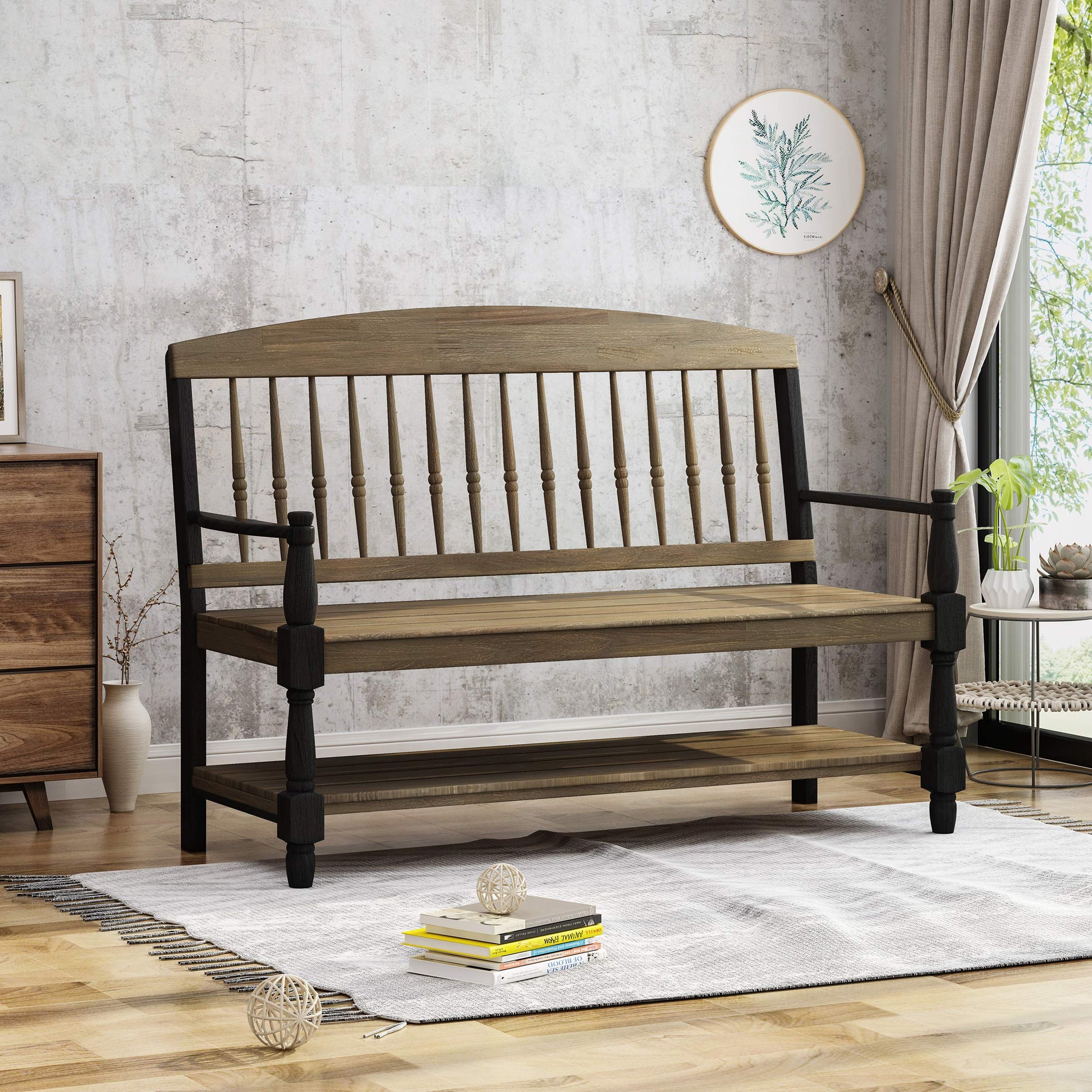 Christopher Knight Home Eddie Indoor Farmhouse Acacia Wood Bench with Shelf, Gray and Black Finish - WoodArtSupply