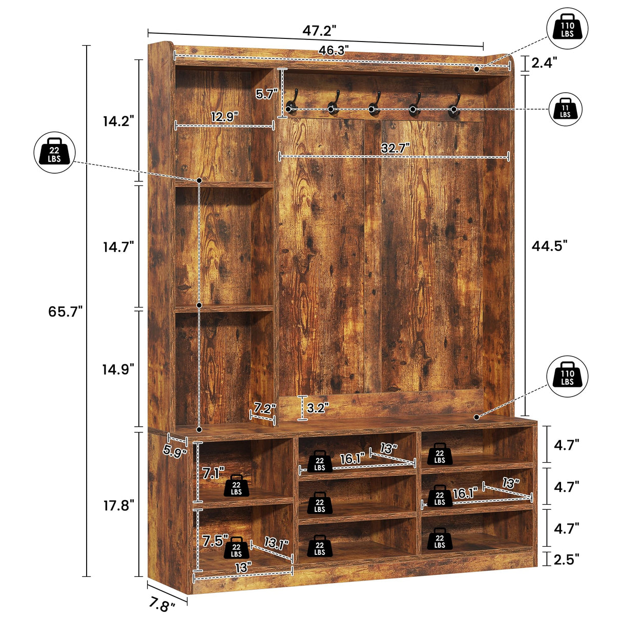 Nosepen Hall Tree with Bench and Shoe Storage, 5-in-1 Entryway Storage Bench, Shoe Rack with Coat Rack, 8 Shoe Cubbies & 5 Coat Hooks, Adjustable Shelf, Top and Side Storage, Rustic Brown Nosepen