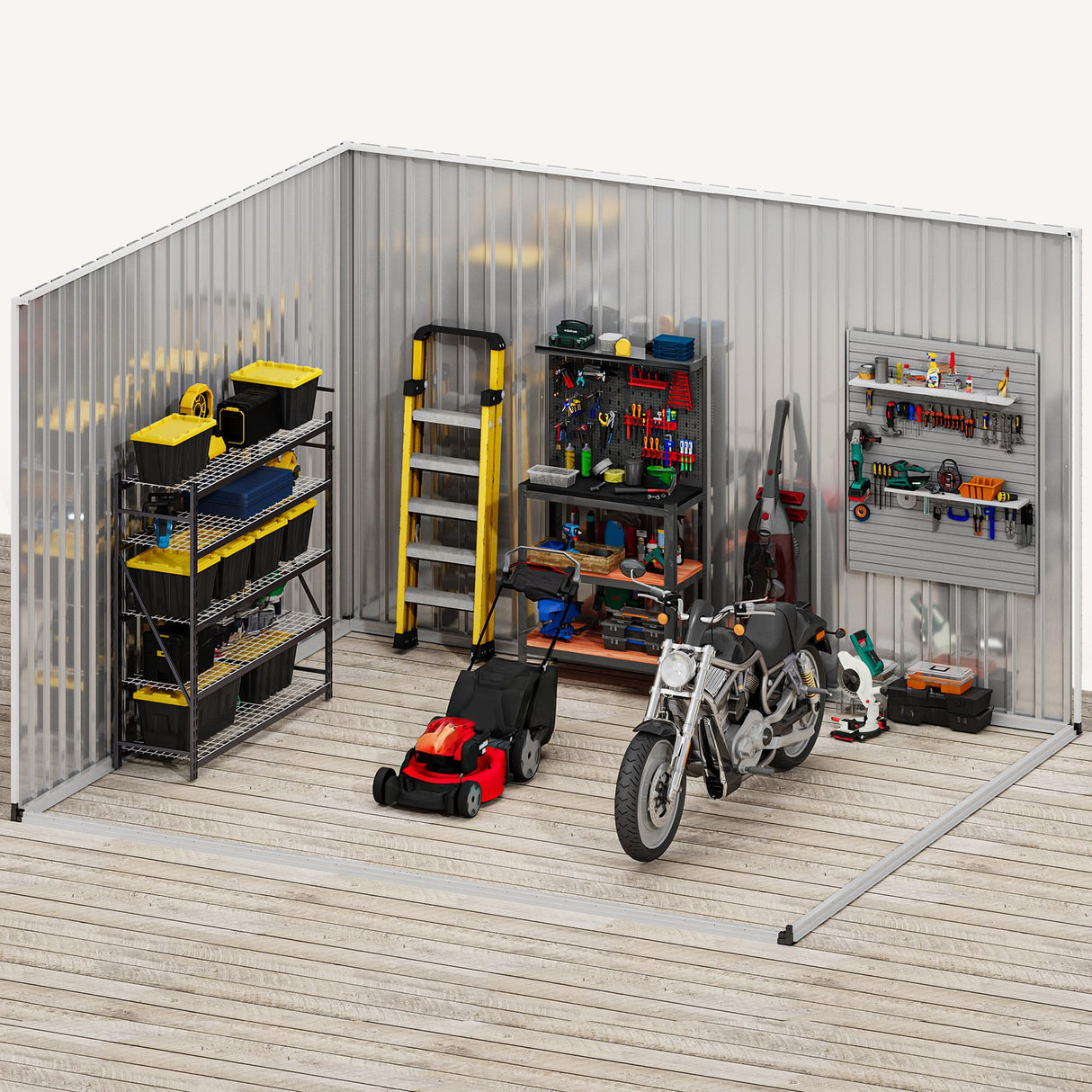 DWVO 10x8ft Large Tool Storage Shed with Window, Lockable Doors, and Sloped Roof, Oversized Steel Outdoor Storage Shed for Garden, Patio, Garage, Backyard, Lawn - Gray & White DWVO