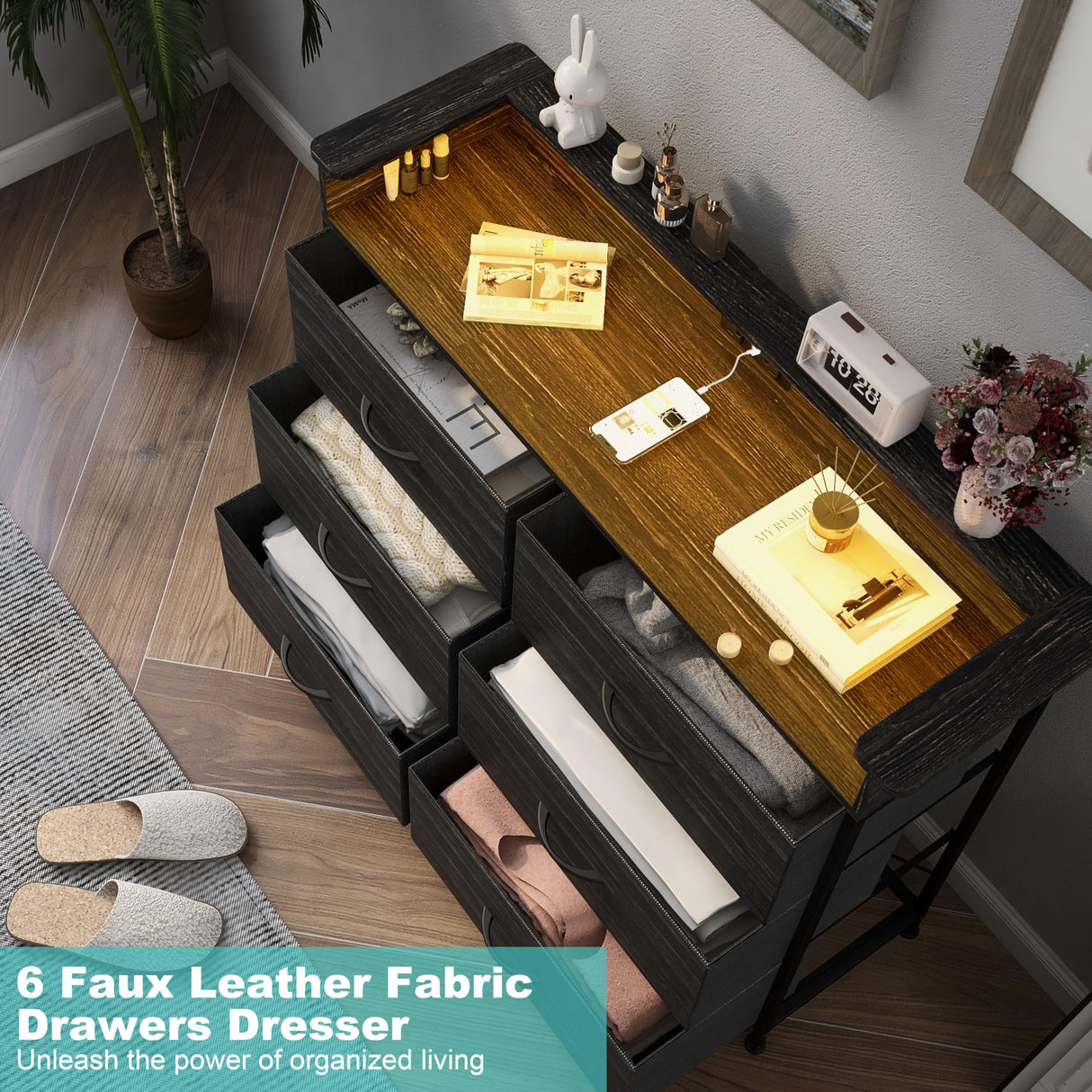 Welfuturer Black Dresser for Bedroom with LED Light & Charging Station Dresser with 6 Drawers Storage Tower for Closet Living Room Hallway Entryway Sturdy Steel Frame Double Wooden Tabletop Welfuturer