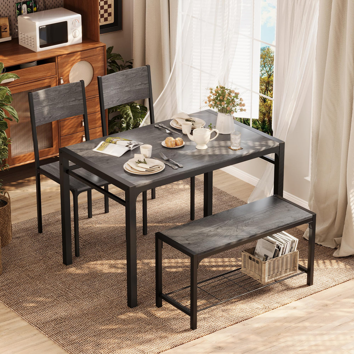 Shahoo Kitchen Table and 2 Chairs for 4 with Bench, 4 Piece Dining Sets for Small Space, Dark Grey Shahoo